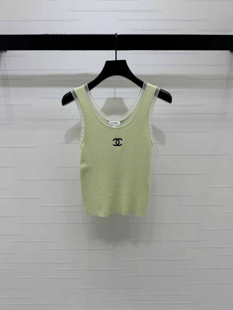 Chanel Pistachio Green Ice Silk Ribbed Knit CC Logo Tank Top