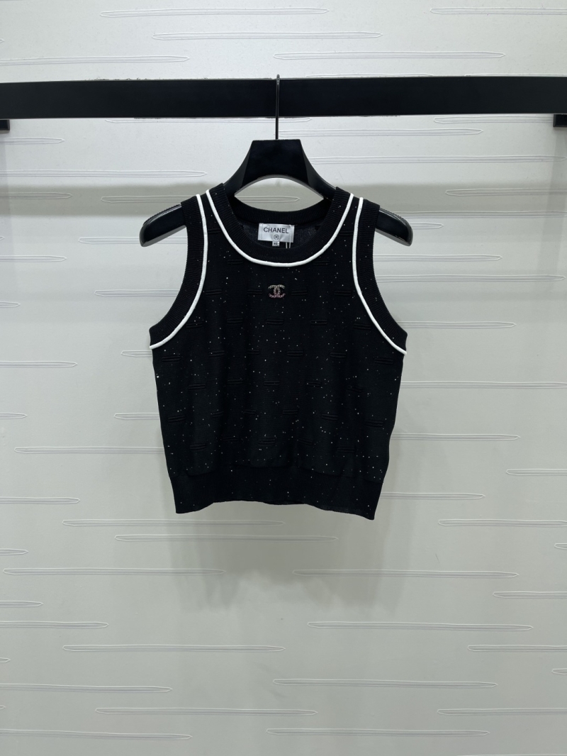 Chanel Exquisite Silk-Wool Contrast Knit Tank Top with Jeweled CC Logo