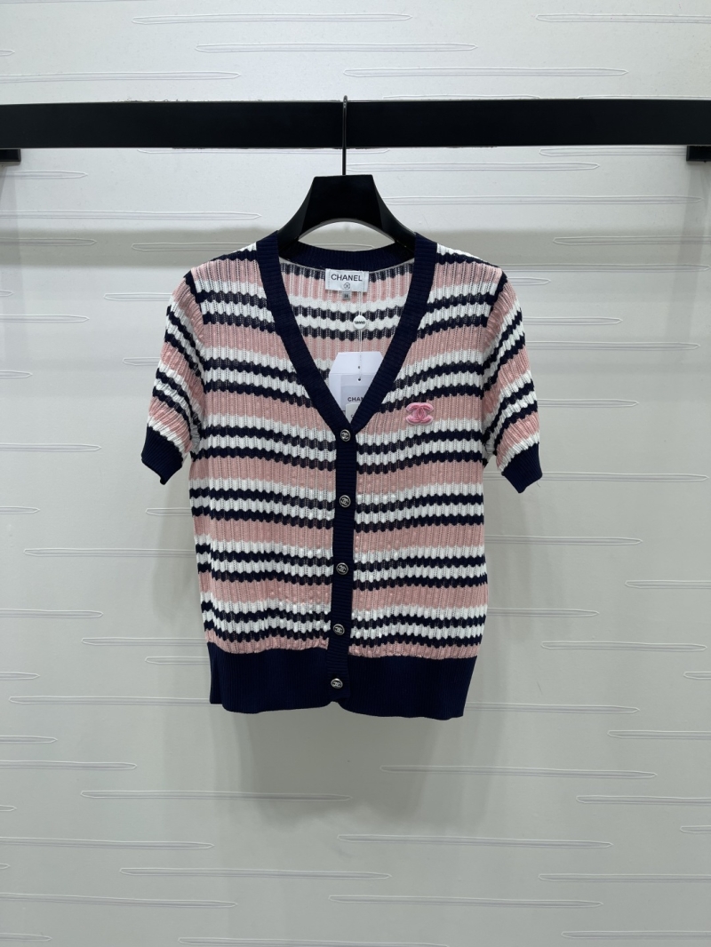 Chanel Wave Stripe Silk-Wool Knit V-Neck Cardigan - Exquisite Navy and Pastel Pink