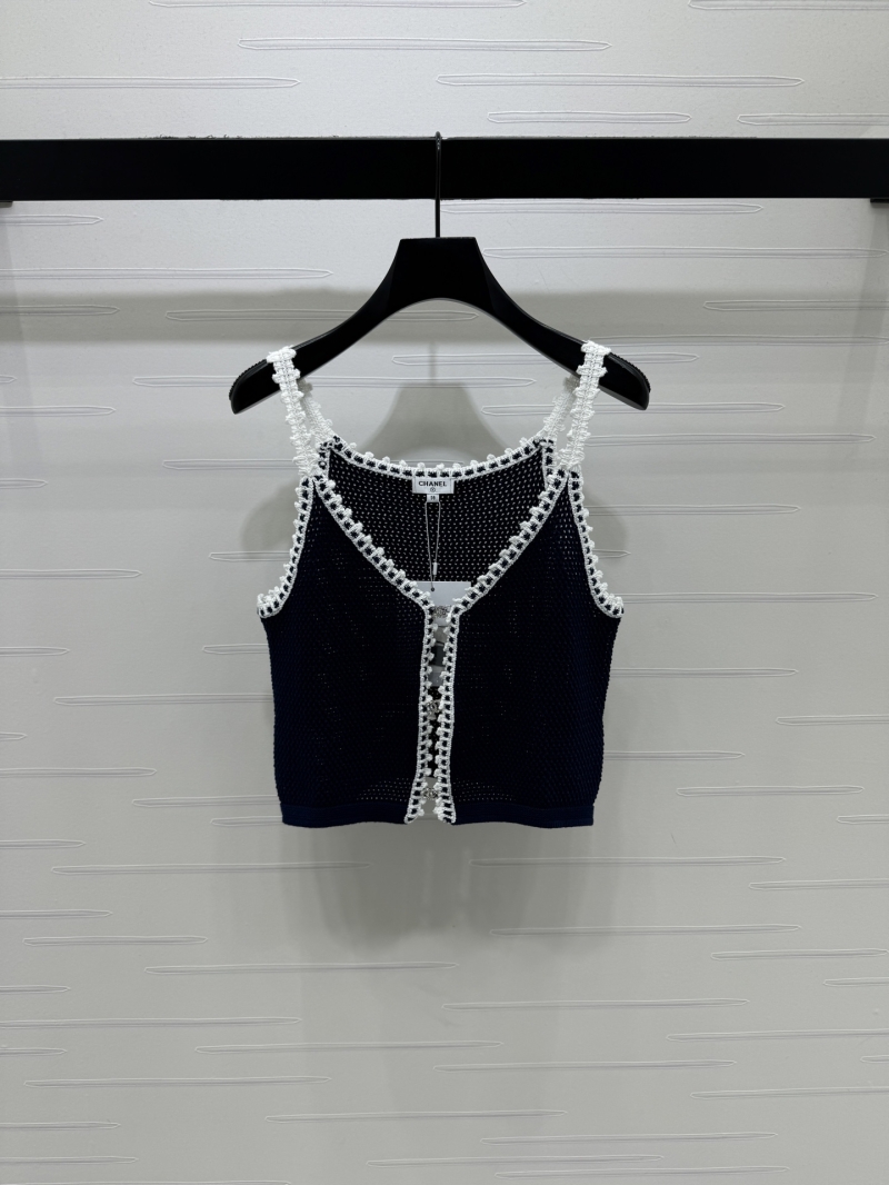 Chanel Exquisite V-Neck Knit Camisole Vest in Navy and White - Luxury Rhinestone CC Detail - Timeless Summer Essential