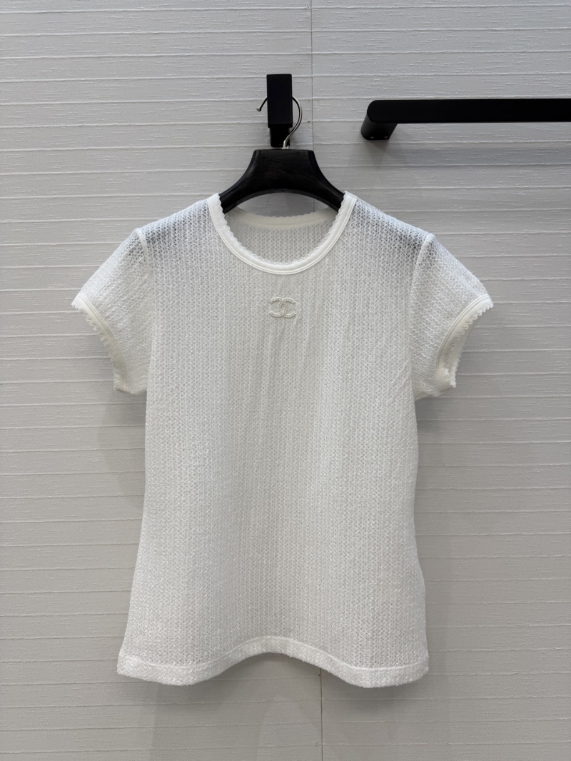 Chanel Waffle Mesh Knit Scalloped Short-Sleeved Top in White