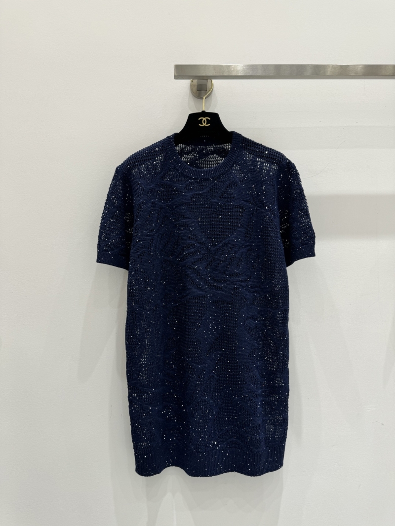 Chanel Sequin Linen-Cotton Pointelle Knit Tunic in Navy Blue