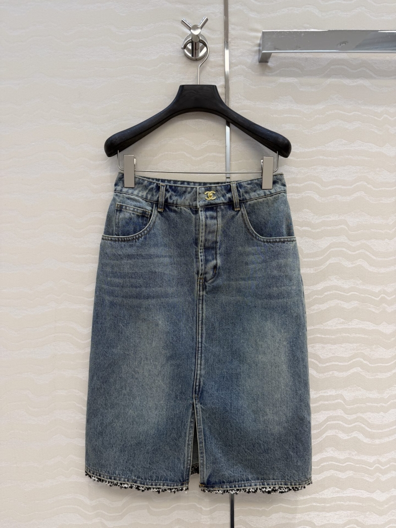 Chanel Organic Cotton Vintage Washed Denim Midi Skirt with Tweed Trim