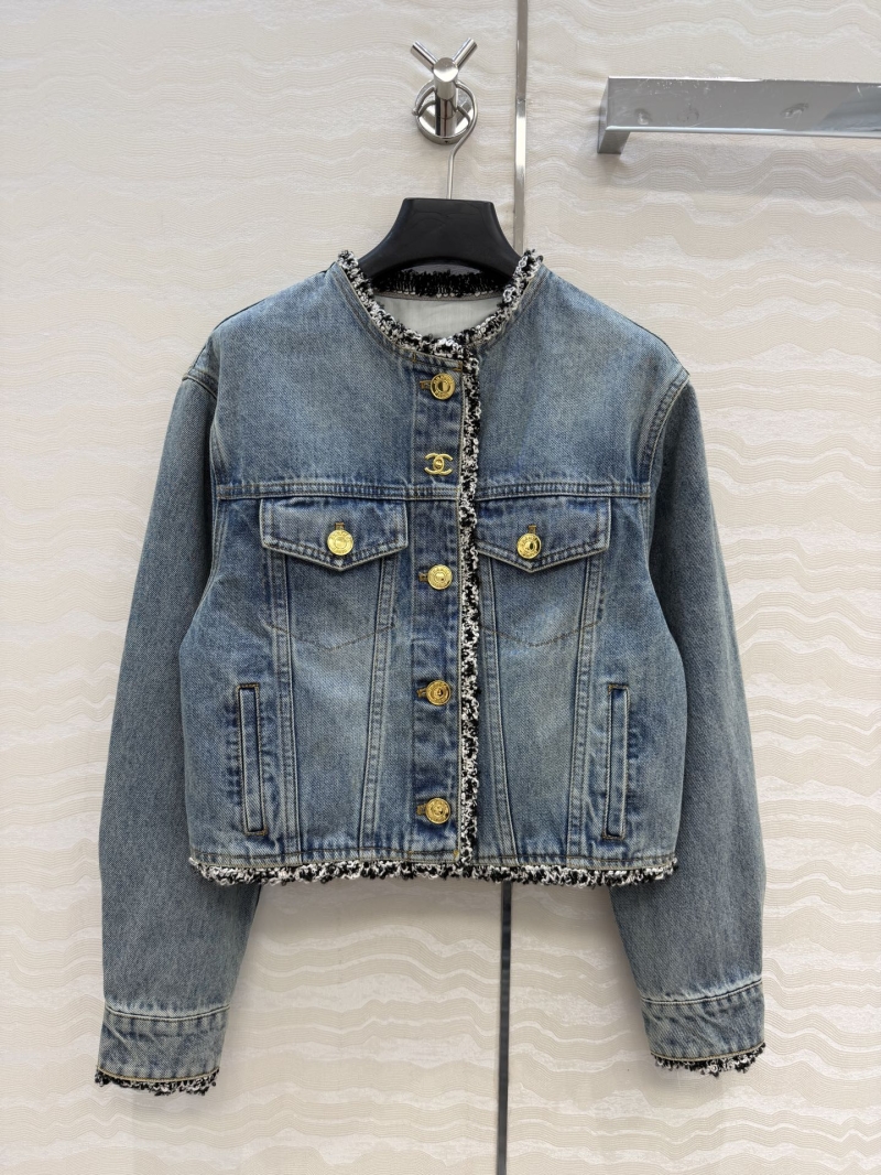 Chanel Organic Pure Cotton Vintage Washed Denim Jacket with Woven Tweed Trim in Blue