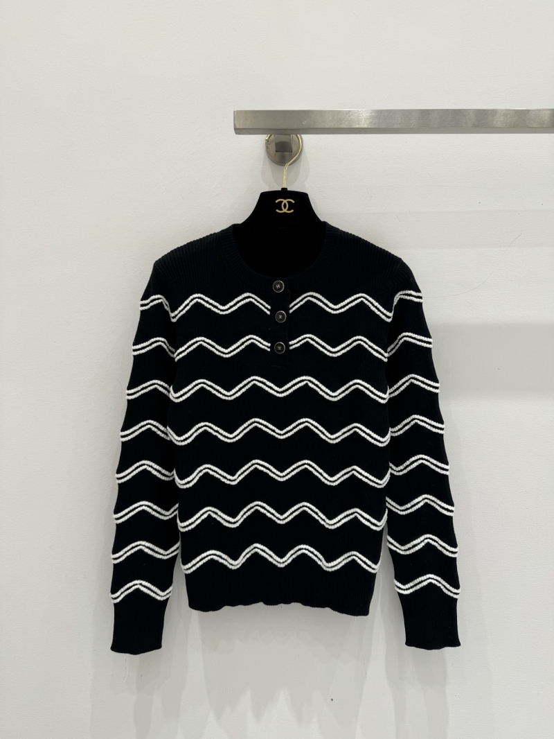 Chanel Wavy Stripe Ribbed Knit Henley Sweater in Black and White
