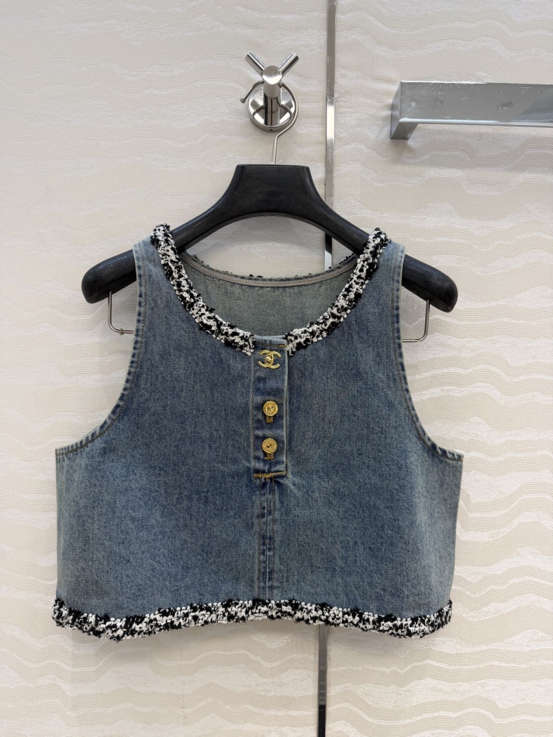 Chanel Vintage Washed Organic Cotton Denim Tweed-Trimmed Crop Top in Retro Blue