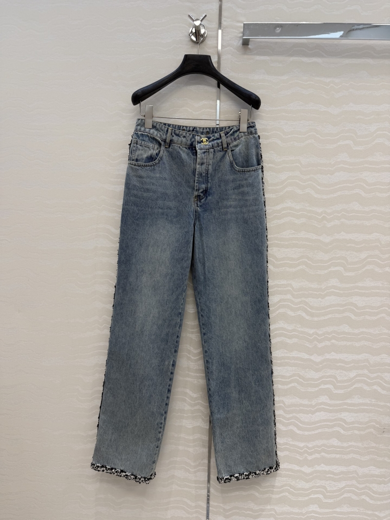 Chanel Organic Cotton Tweed-Trimmed Vintage Washed Straight-Leg Jeans