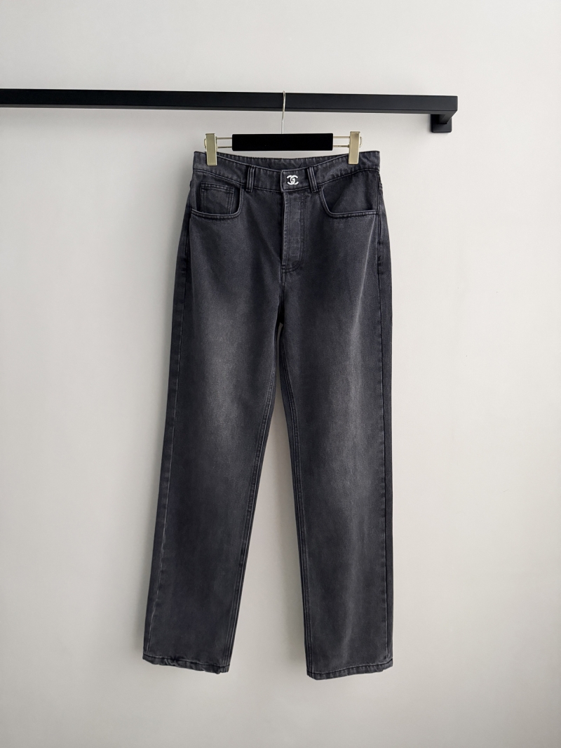 Chanel Washed Charcoal Grey High-Waisted Straight-Leg Jeans with Signature CC Logo Button