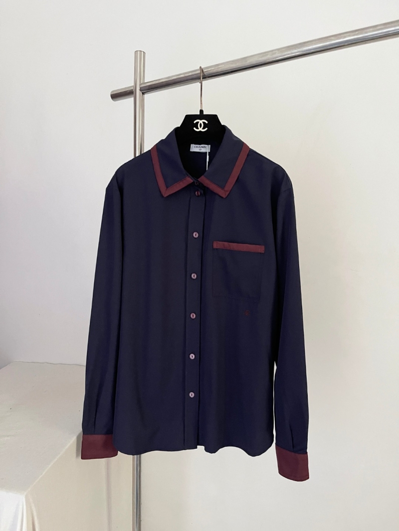 Chanel 26SS Silk Pocket Embroidery Long-Sleeved Pajama-Style Blouse in Navy Blue