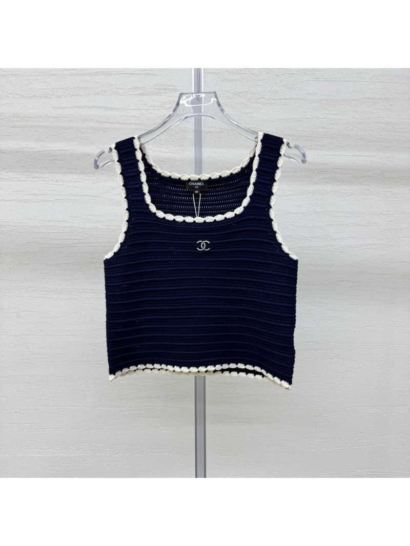 Chanel Square Neck Crochet Trim Ribbed Knit Vest in Navy Blue