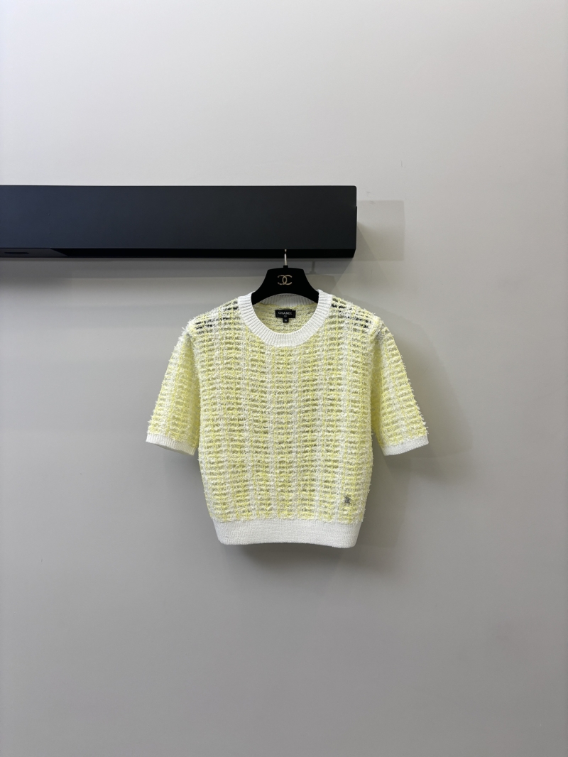 Chanel Openwork Tweed-Effect Knit Top - Pale Lemon Yellow & White, Exquisite Textured Mesh, Signature CC Logo, Timeless Parisian Elegance, Pastel Summer Sweater