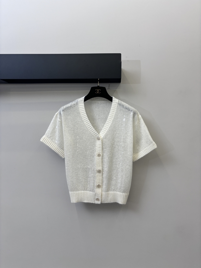 Chanel V-Neck Sequined Knit Cardigan - Exquisite Ribbed Detail in Crisp White