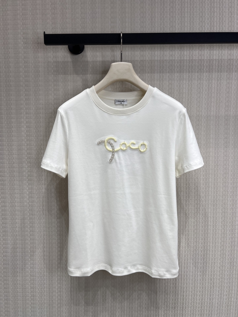 Chanel Coco Script Hand-Beaded High-Count Cotton T-Shirt in Off-White