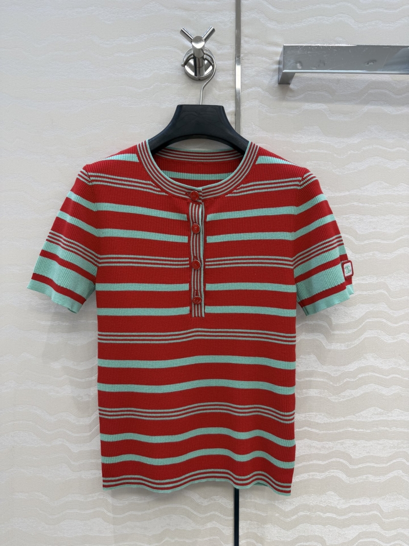 Chanel Exquisite Imported Yarn Striped Henley Knit Top in Red and Aqua