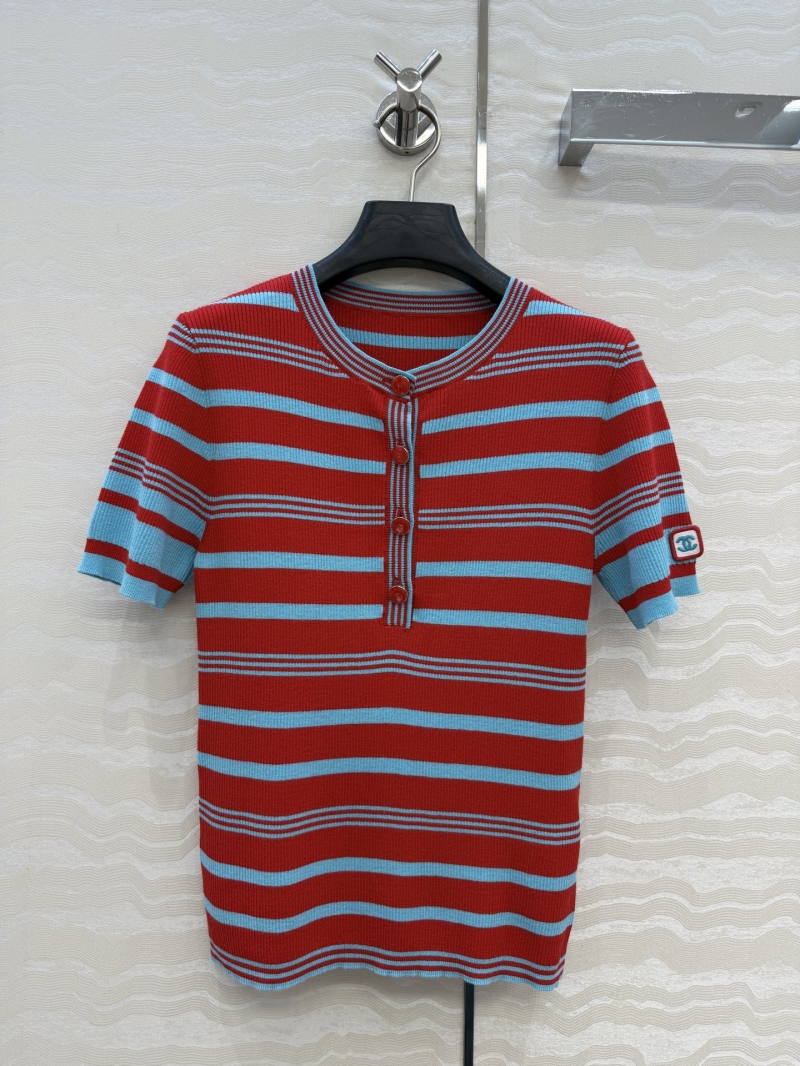 Chanel Signature Striped Imported Yarn 18-Gauge Swiss Knit Henley Top