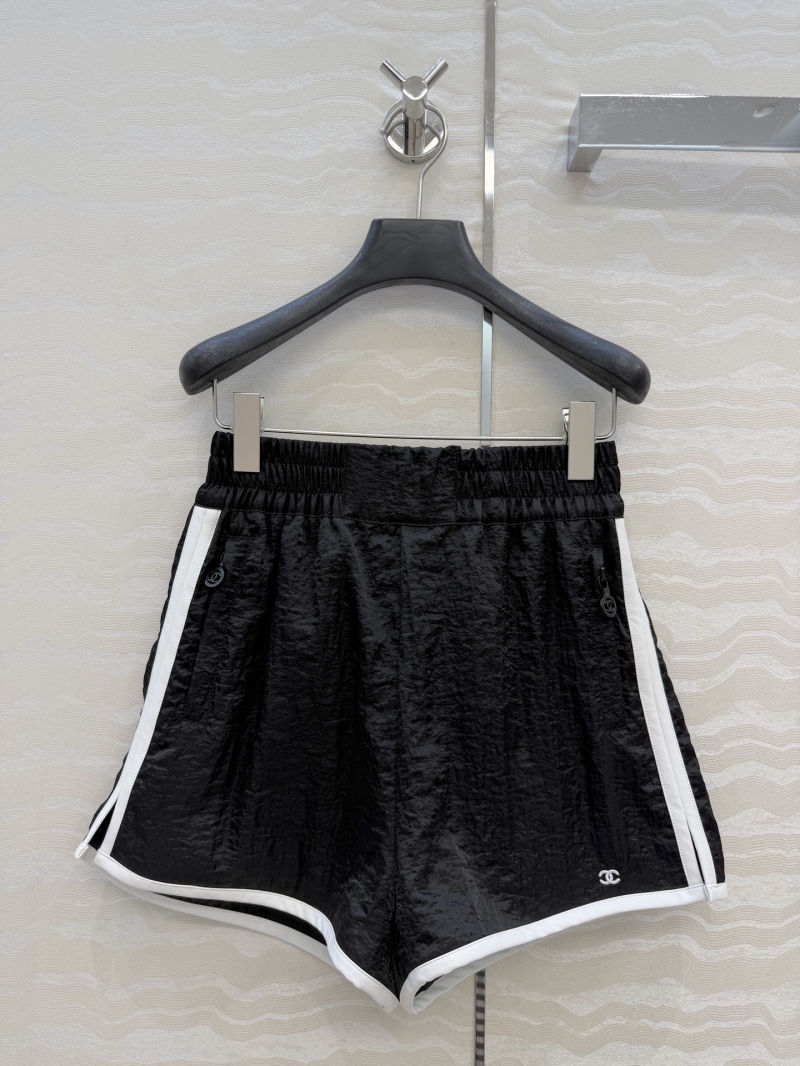 Chanel Crinkled Silk-Touch Fabric Leather-Trimmed Sporty High-Waisted Shorts