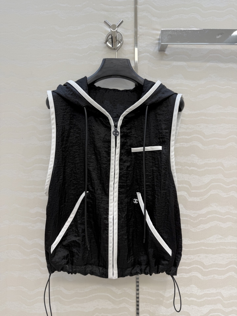 Chanel Coco Beach Collection Technical Silky Fabric and Leather Trim Hooded Vest