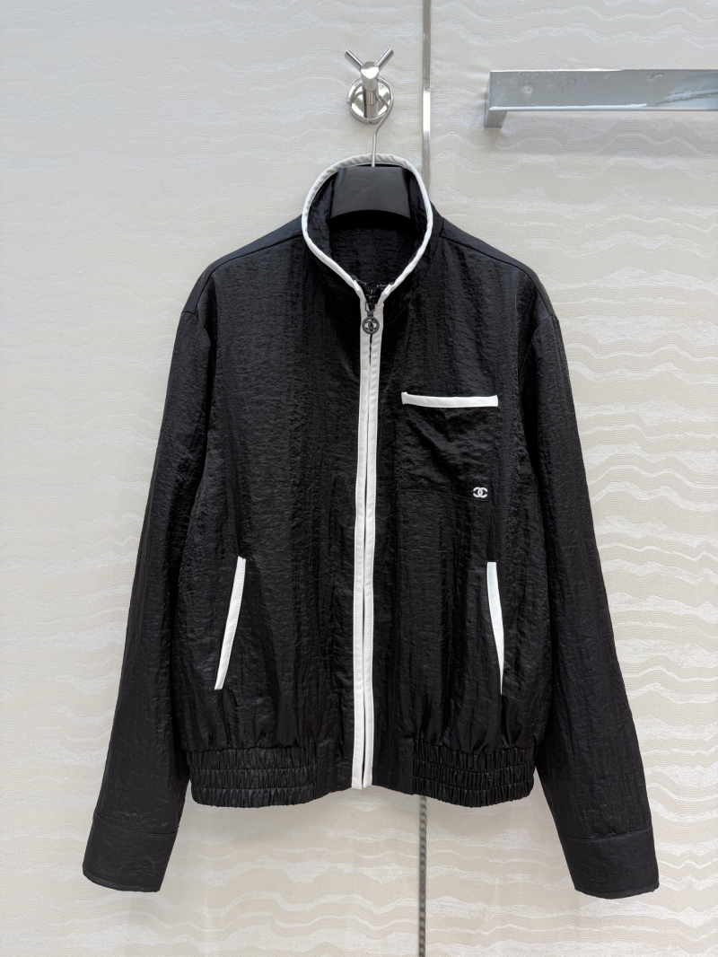 Chanel Coco Beach Technical Crinkled Fabric Contrast Piping Hooded Sport Jacket in Black