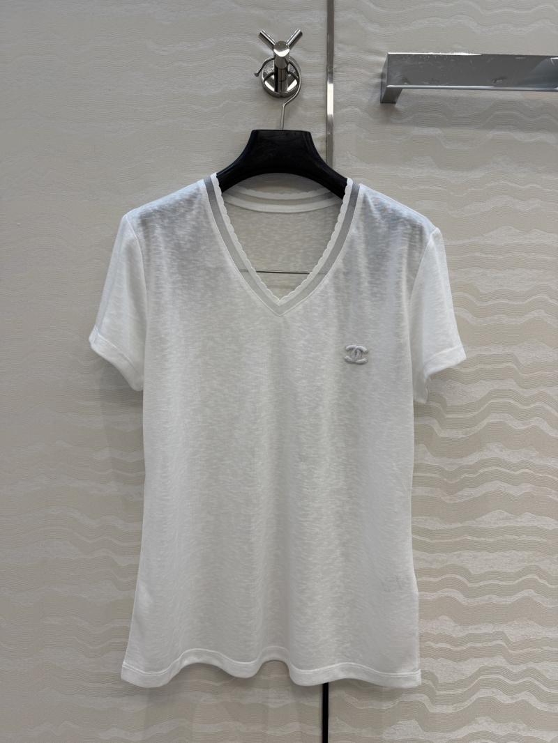 Chanel Signature Lyocell Tencel V-Neck T-Shirt with Scalloped Lace Trim