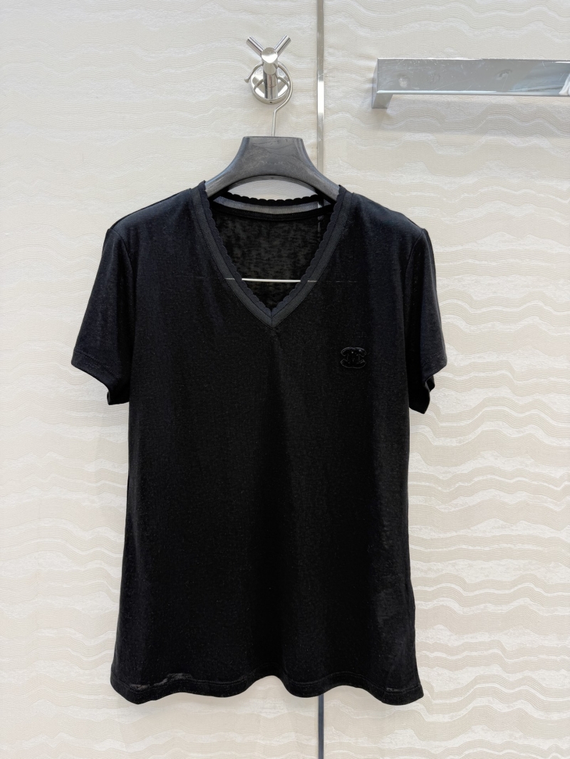 Chanel Lyocell Tencel Lace-Trimmed V-Neck Coco Girl T-Shirt in Black