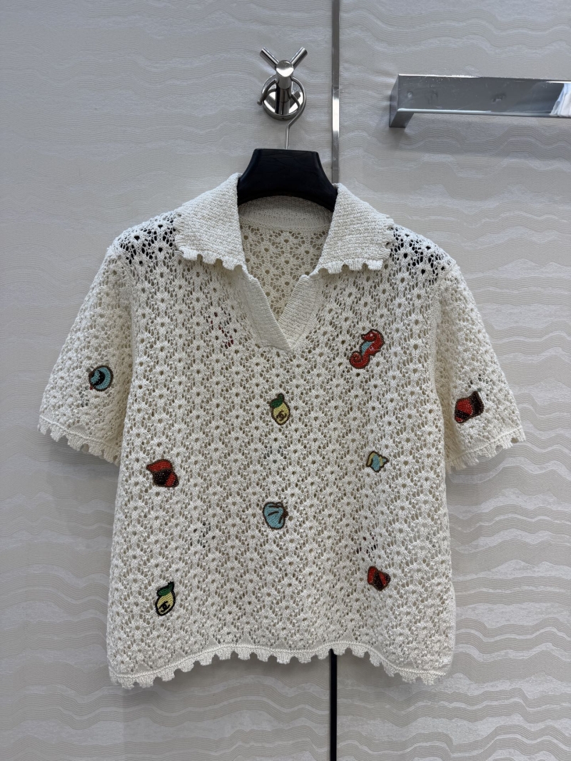 Chanel Custom Specialty Yarn Underwater World Embroidered Crochet Polo Top in Ivory
