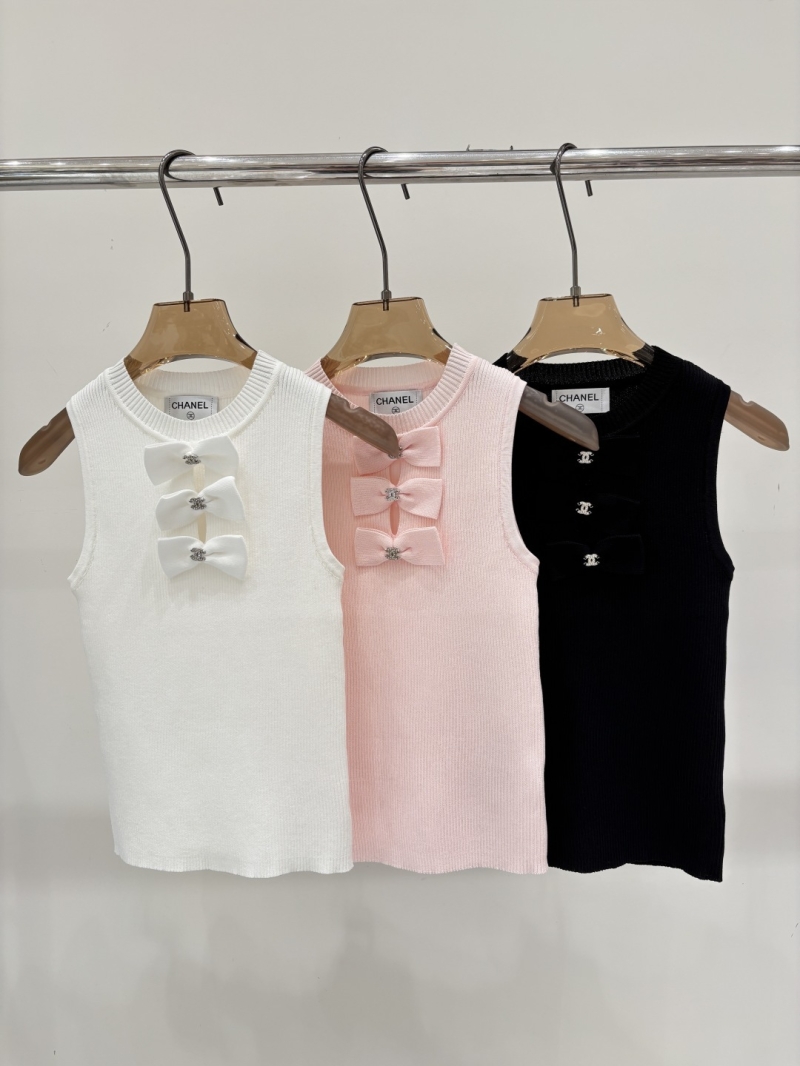 Chanel Signature Bow-Embellished Ribbed Knit Sleeveless Top