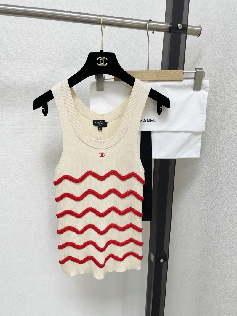Chanel Soft Ribbed Knit Wave-Striped U-Neck Tank Top in Cream and Red