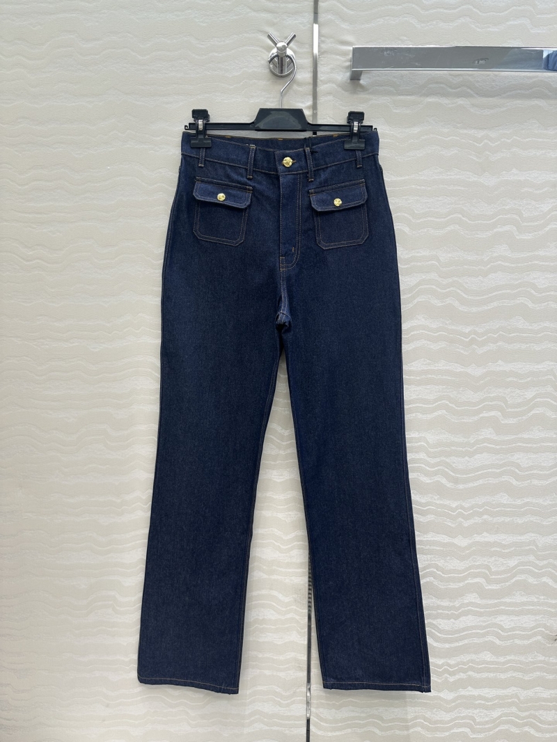 Celine Slim-Fit Raw Denim Flared Long Jeans with Arc de Triomphe Buckle