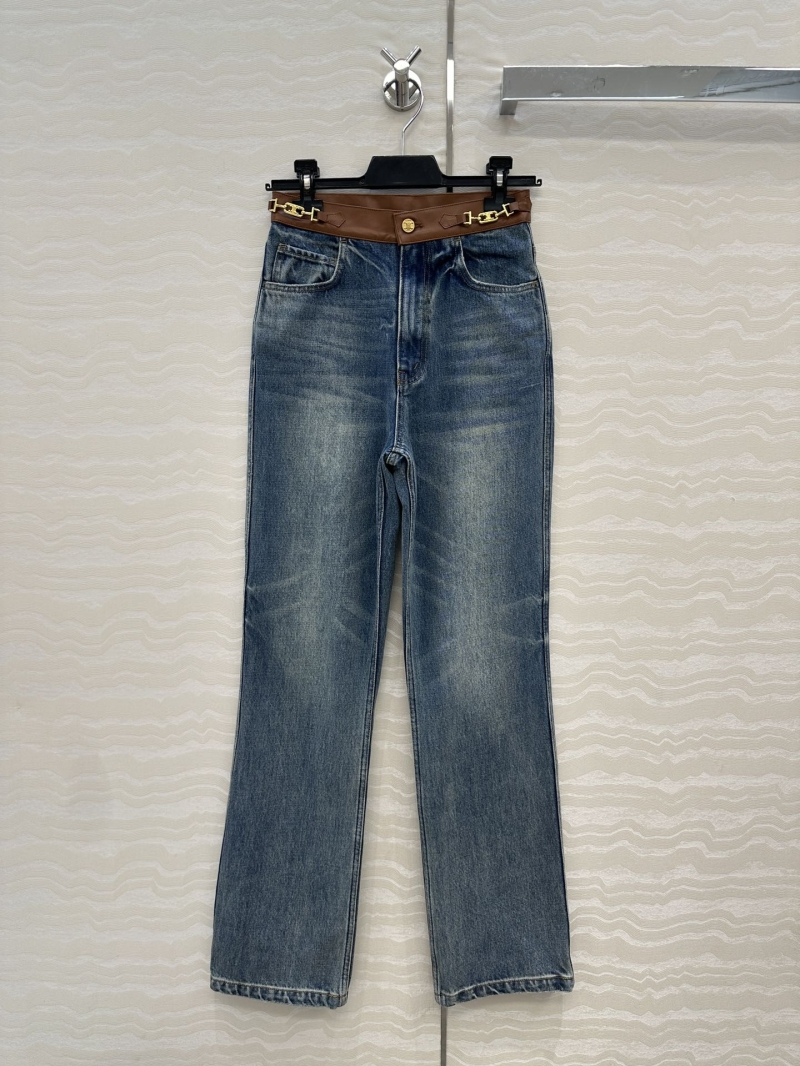 Celine Luxe Leather-Patch Denim Jeans - High-Street Chic