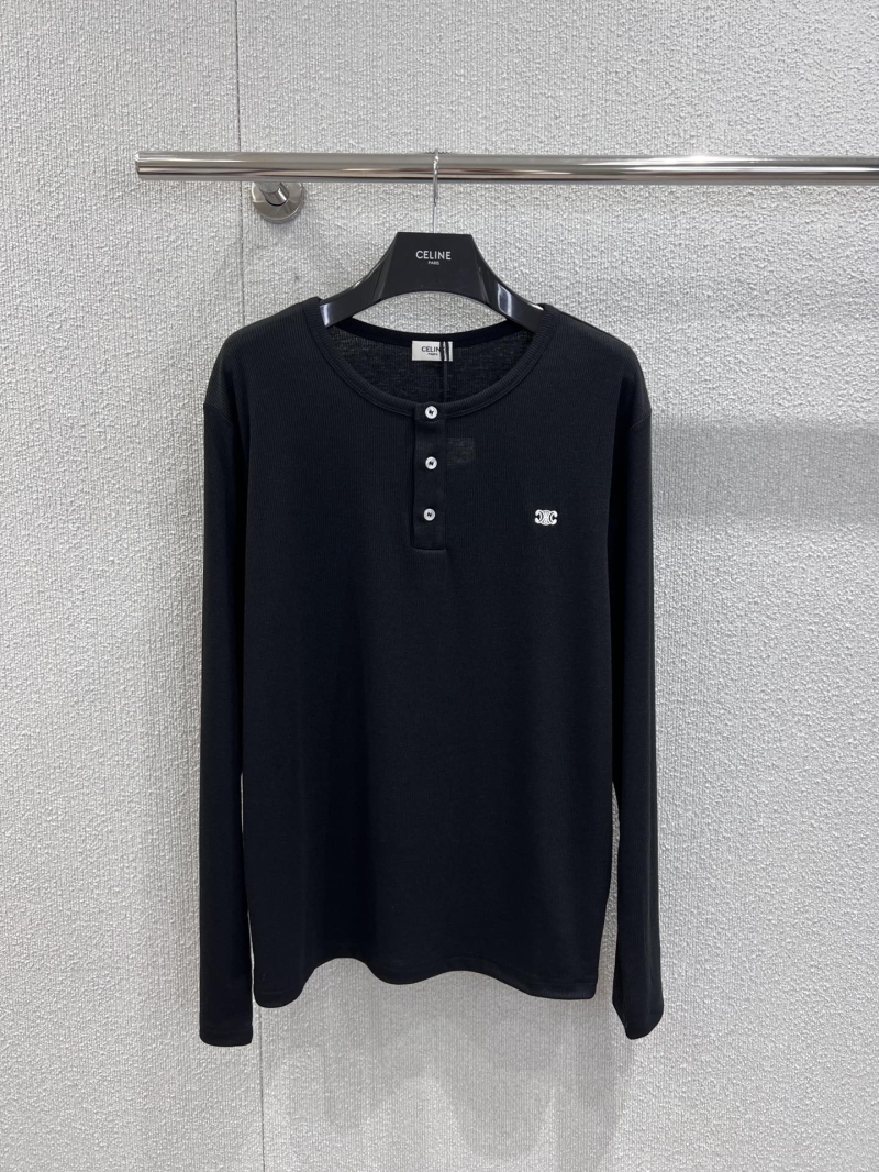 Celine Exclusive Early Fall Collection Triumph Arch Embroidered Logo Long-Sleeve Henley Shirt in Luxe Black