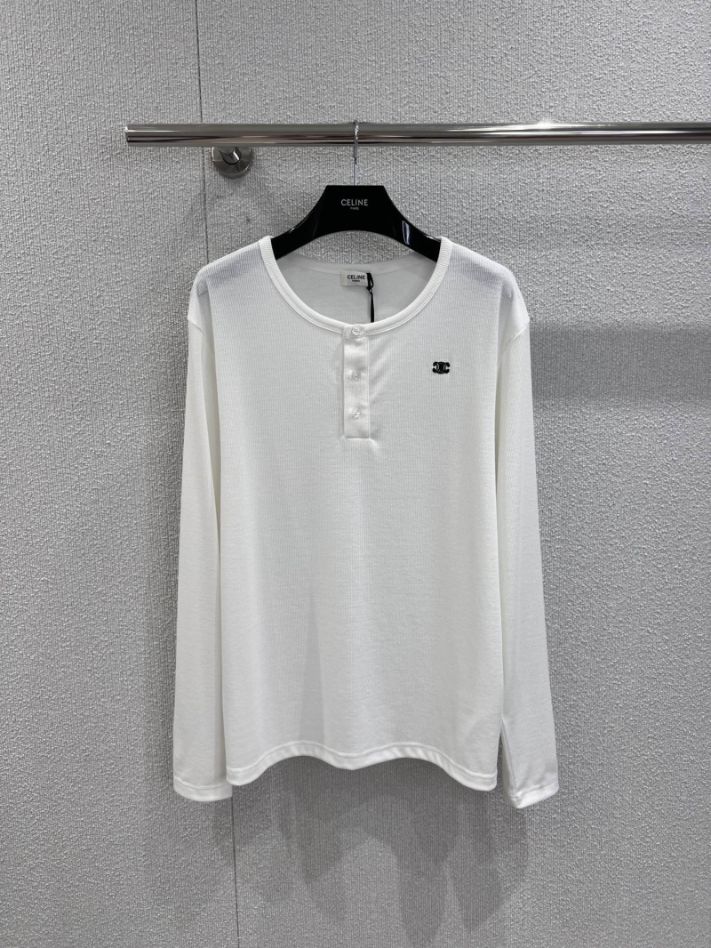 Celine Luxe Embroidered Triumph Logo Long-Sleeve Henley Top in Pure White