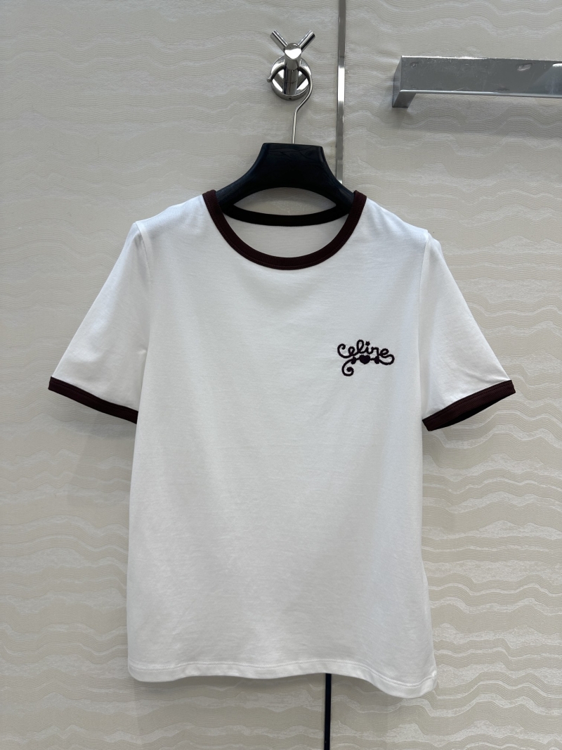 Celine Exclusive Limited Edition Embroidered Lettering Short Sleeve T-Shirt - Red Brown Trim, Luxe Cotton