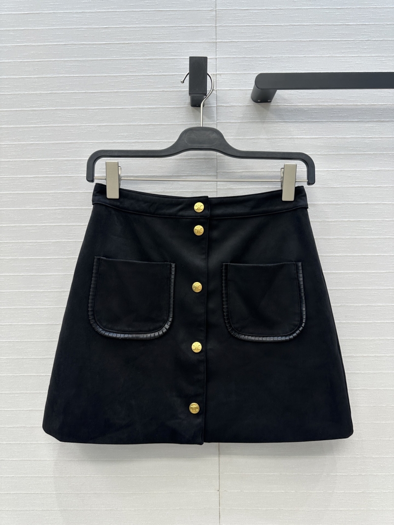 Celine Black Gold Arc de Triomphe Metal Buckle Suede Skirt