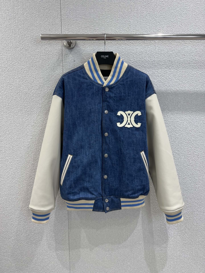 Celine 25Fw Early Autumn Denim and Leather Varsity Bomber Jacket in Blue and White