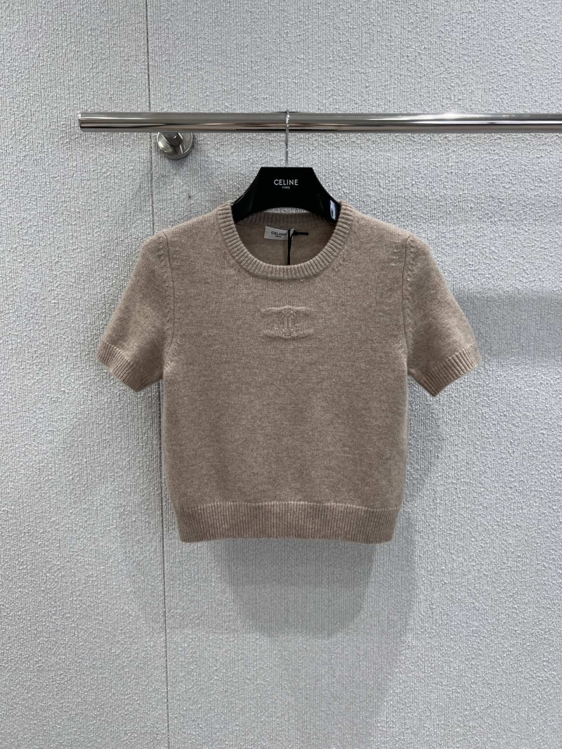 Celine Light Taupe Wool Short-Sleeve Knit Sweater - Luxe Early Autumn Collection
