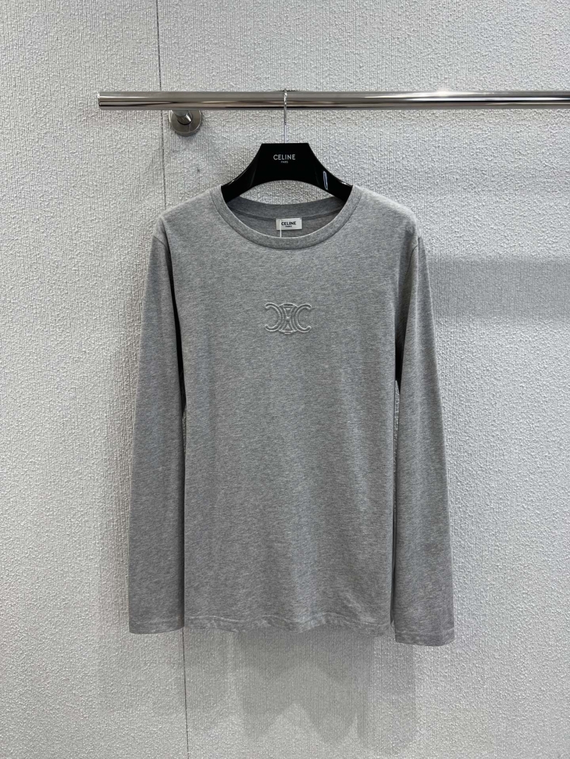 Celine Luxe Long-Sleeve T-Shirt with Embroidered Triumph Logo in Light Gray