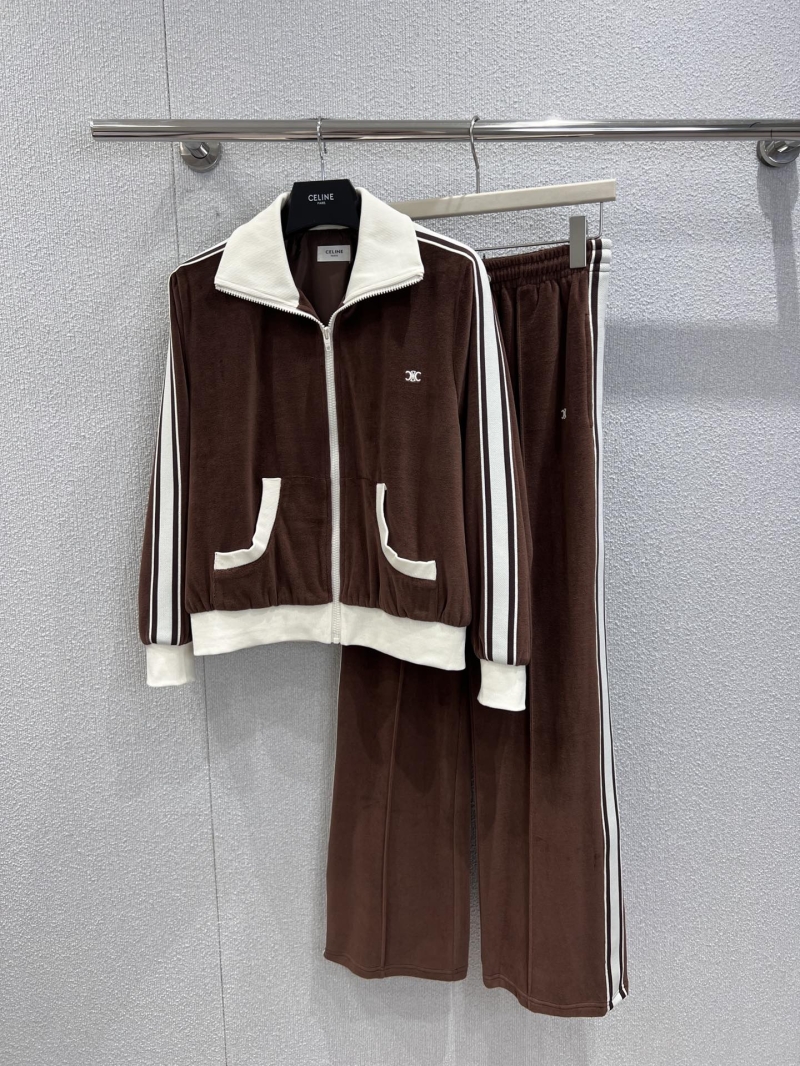 Celine Paris Velour Zip-Up High Collar Track Jacket & Pants Set in Caramel