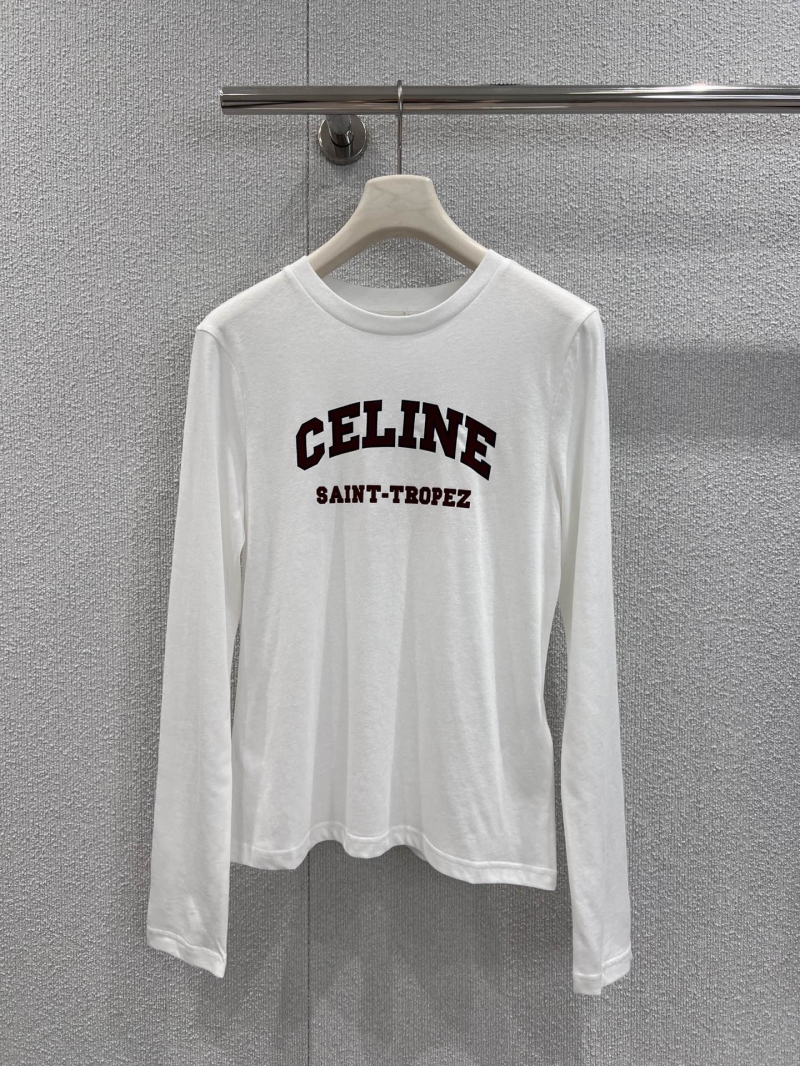 Celine Classic Round Neck Long Sleeve T-Shirt with Contrast Lettering in White