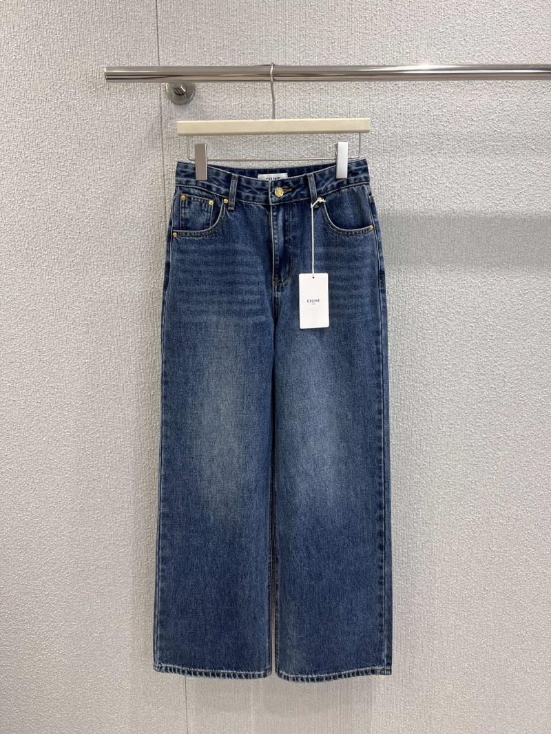Celine 25FW Early Autumn High-Waisted Denim Jeans with Towel-Embroidered Logo in Classic Blue