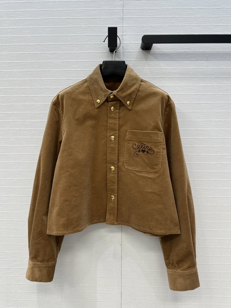 Celine New Season Intellectual Corduroy Shirt, Sophisticated Lapel with Metal Button Accents, Earthy Brown