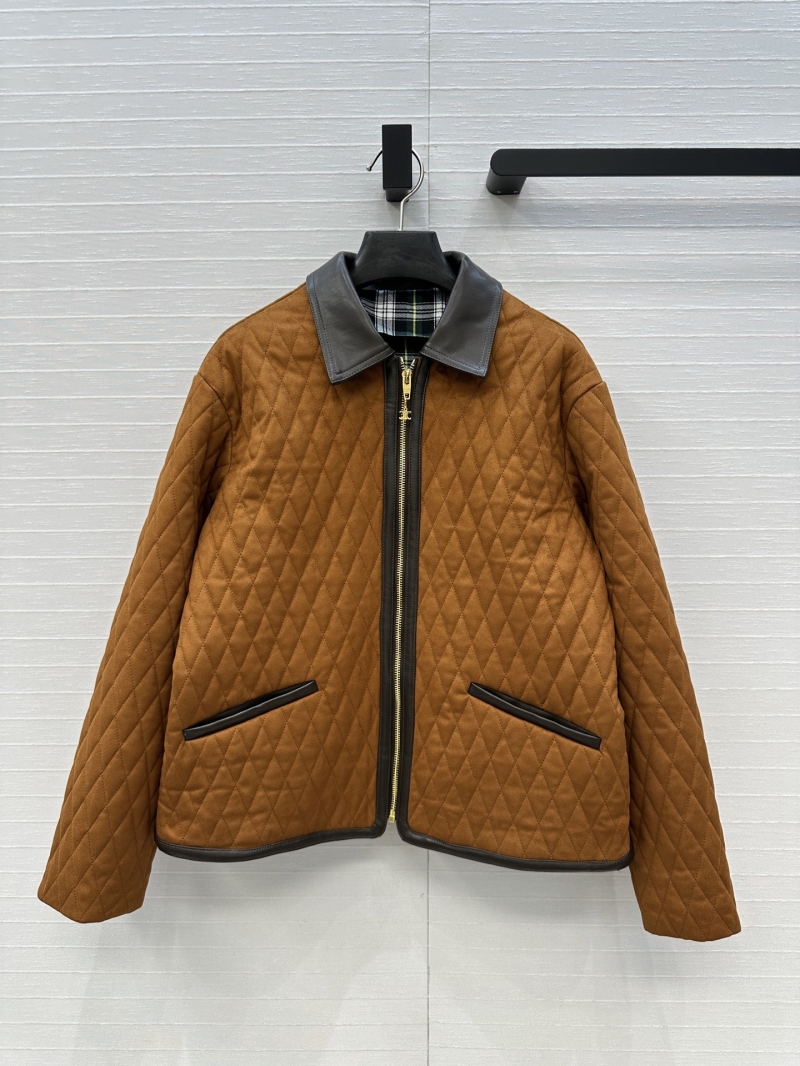 Celine Diamond Quilted Suede Jacket with Faux Leather Trim in Brown
