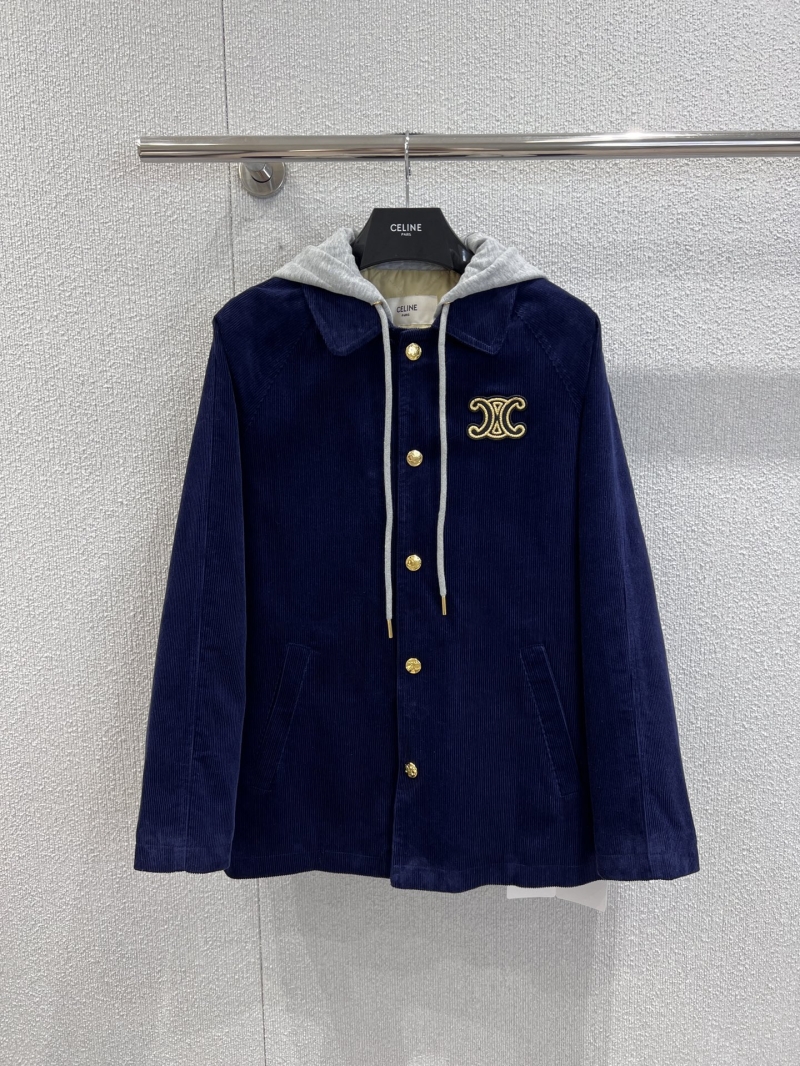 Celine Corduroy Hooded Jacket with Triomphe Emblem | Navy Blue | Gold Buttons | Heavyweight, Soft, Tailored Fit