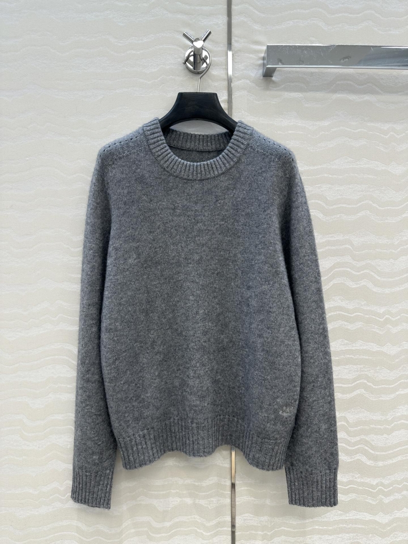 Celine Gray Cashmere Sweater – 100% Imported Cashmere, Embroidered Arc de Triomphe, Relaxed Fit