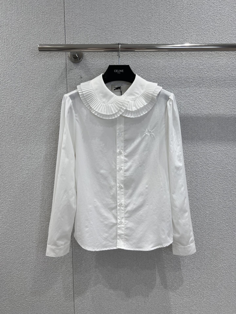Celine White Long-Sleeve Button-Up Blouse with Ruffled Peter Pan Collar, High-Stitch Cotton Blend, Embroidered Logo