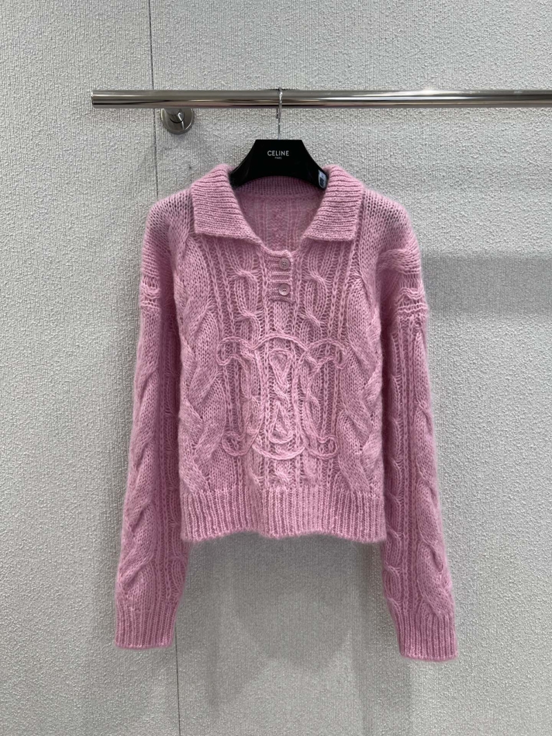 Celine 25FW Polo Collar Mohair-Blend Cable Knit Sweater in Light Pink