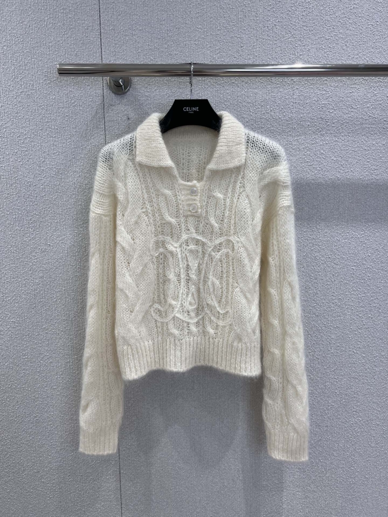 Celine Polo Collar Cable-Knit Mohair Sweater in Off-White - Cropped Fit, Embroidered Arch Logo, Relaxed Drop Shoulder