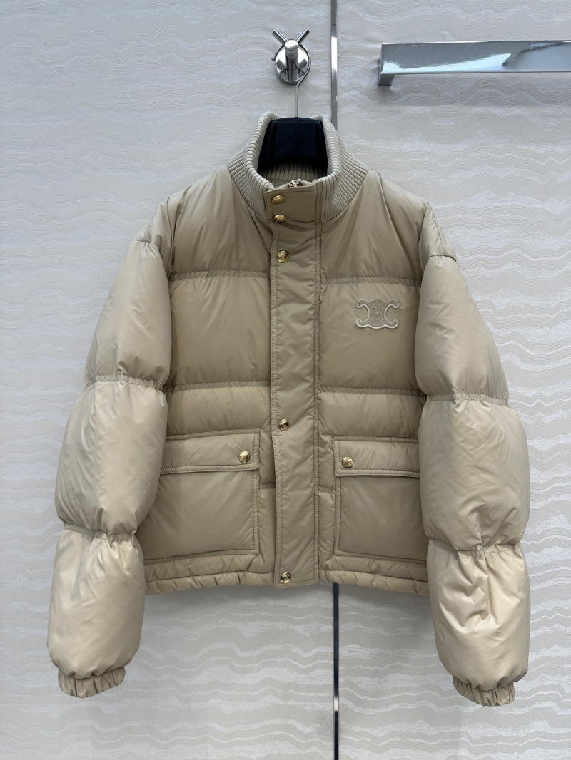 Celine Exquisite Wool-Ribbed 90% White Duck Down Puffer Jacket with Arc de Triomphe Embroidery