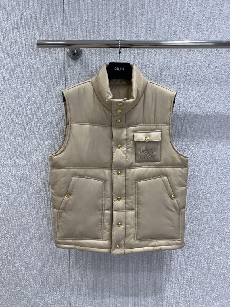 Celine Quilted Puffer Vest in Beige | High-Collar Sleeveless Design with Embroidered Logo & Gold-Tone Buttons