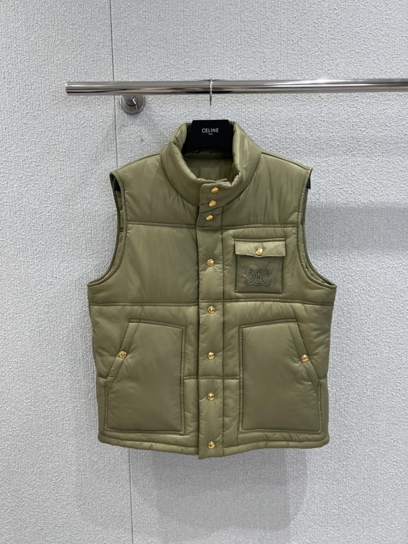 Celine Quilted Puffer Vest in Olive Green with Gold-Tone Buttons and CC Logo Embroidery