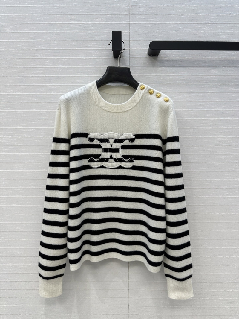 Celine Two-Tone Striped Logo Cashmere Sweater - Black & White, Metal Button Shoulder Detail, Round Neck